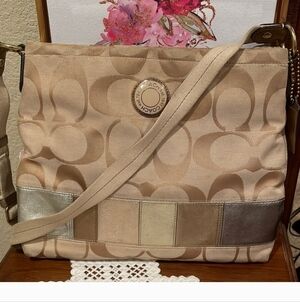 Coach Cream Silver Shoulder Bag with Monogram Striped Accent 10x12